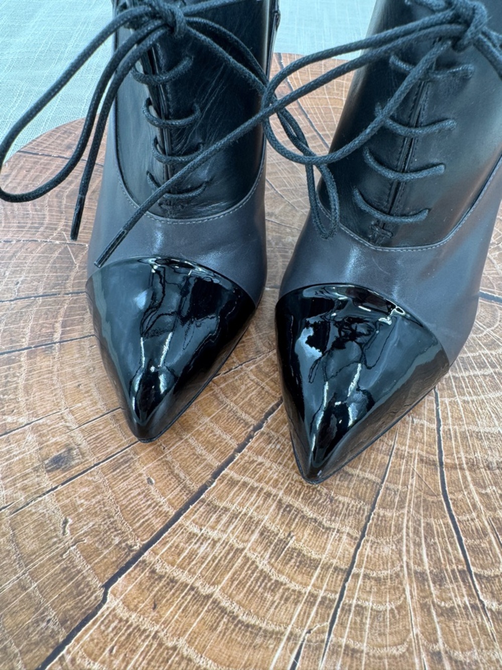 YSL Yves Saint Laurent Leather Oxford Heels Booties Black Patent Cap Toe Size 36 - Picture 11 of 12
